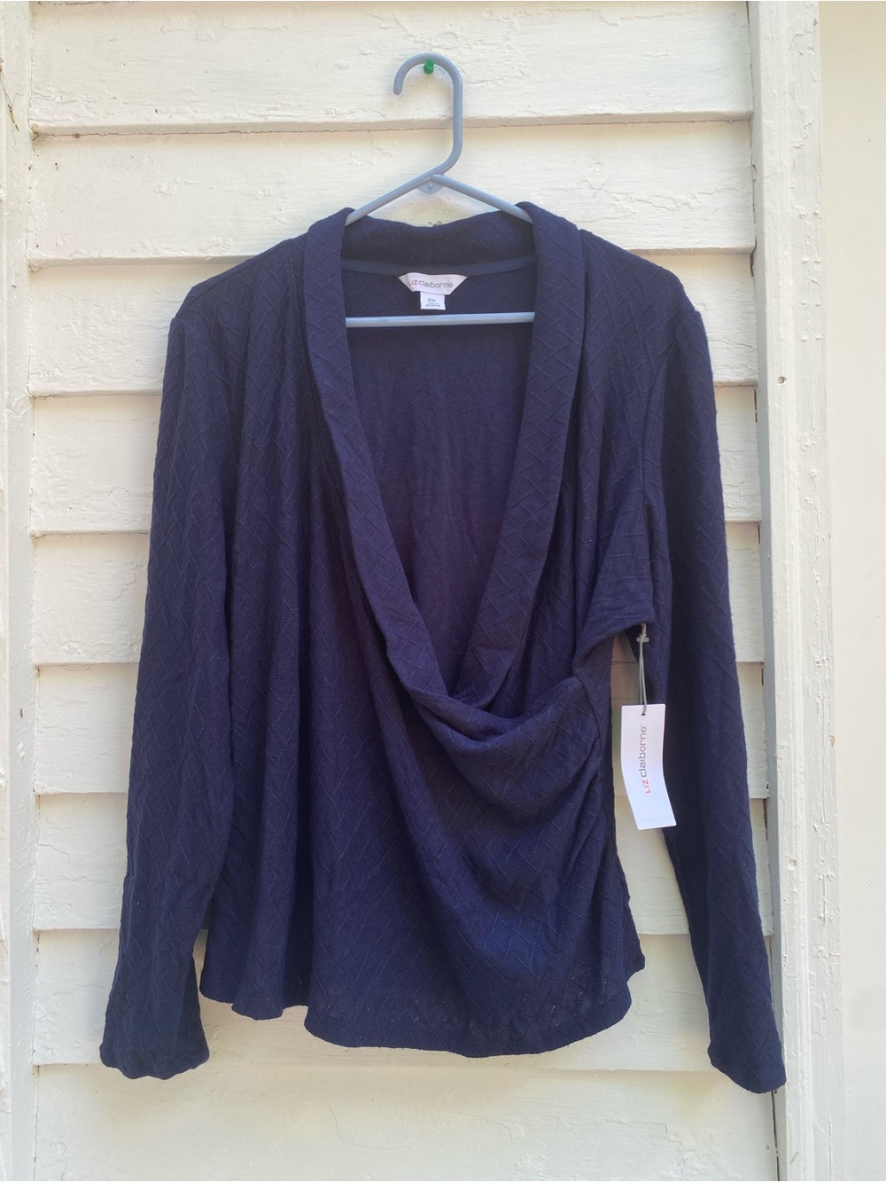 Liz Claiborne Navy Quilted Knit Draped Front V-neck Cardigan